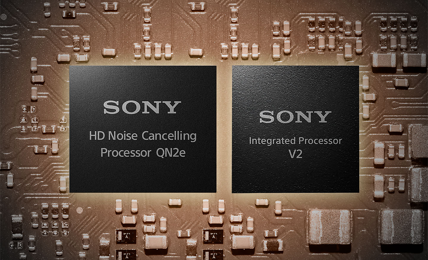  Image of two processors on a motherboard, the left is a HD noise cancelling processor and right the integrated processor V2